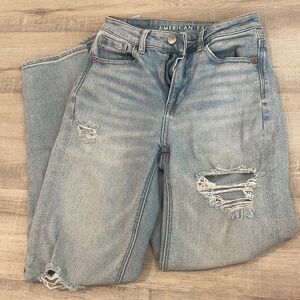 American Eagle, mom straight leg, light wash blue jeans with rips.